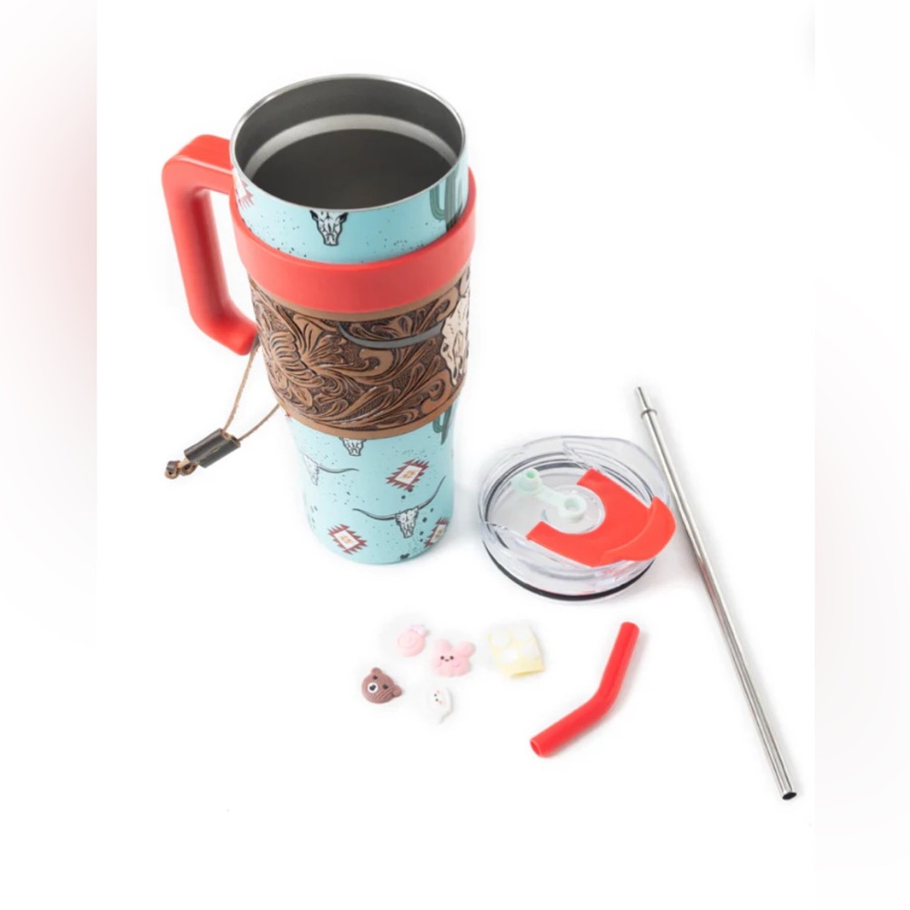 NWT Myra Western Travel Mug with Red Lid and Handle Hand Tooled Leather Wrap - Picture 4 of 5
